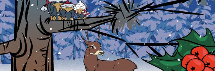 Ilustracion con pájaros y un ciervo.