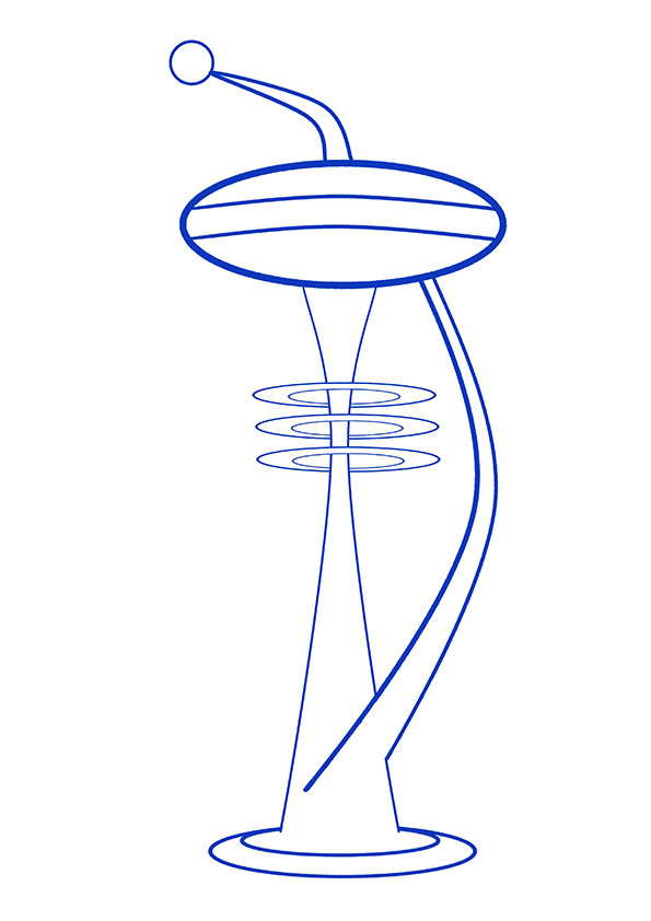 Dibujo estilo cartoon de una torre de control futurista de la aviación.