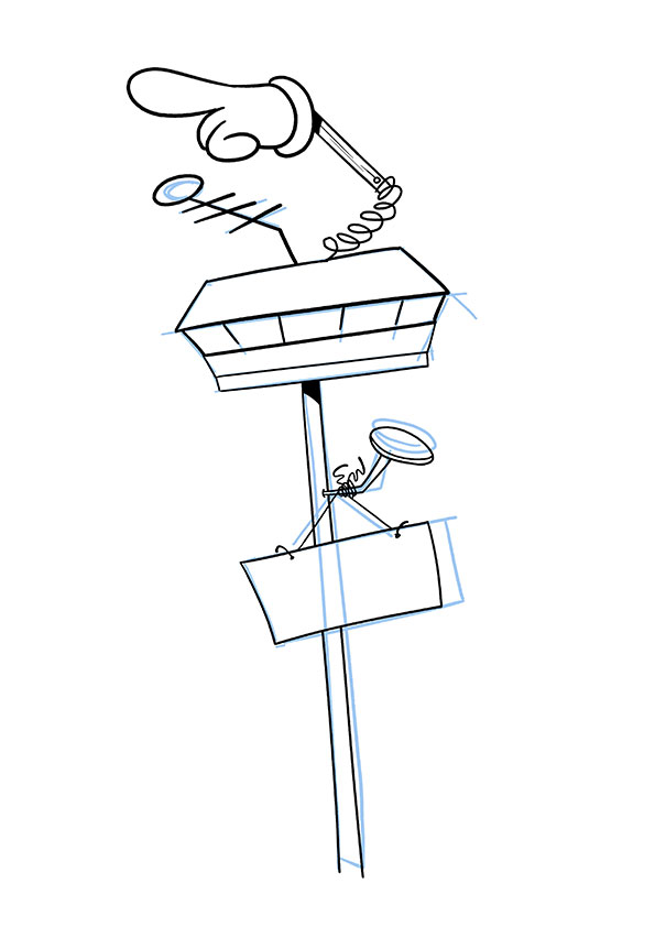 Dibujo estilo cartoon de una torre de control de la aviación.