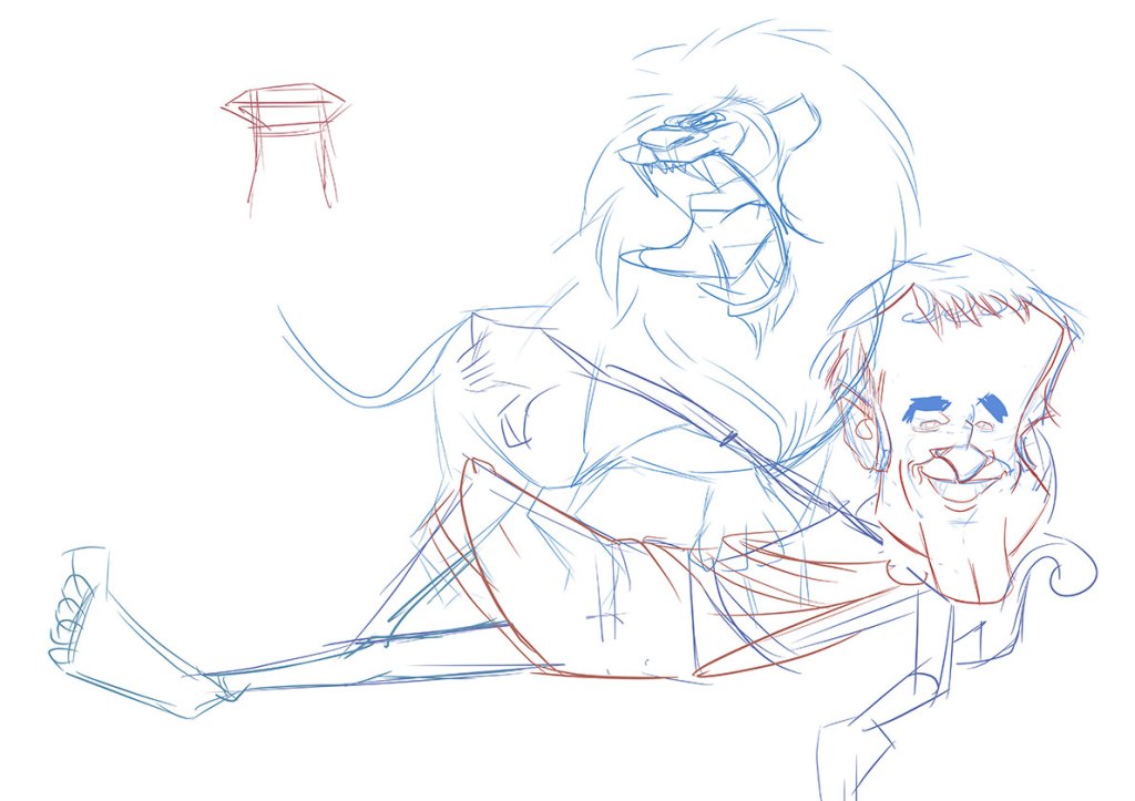 Caricaturas personalizadas por foto. Boceto para una caricatura con una persona y un leon.