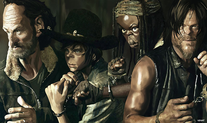 Caricaturas de actores y actrices famosos. Escena de la serie The Wlking Dead dibujada y pintada por WO Orons