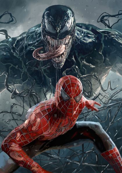 Pintura, arte digital con los personajes de comic Spiderman y venom