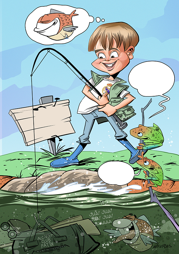 Caricatura personalizada de un niño pescando junto a dos ranas