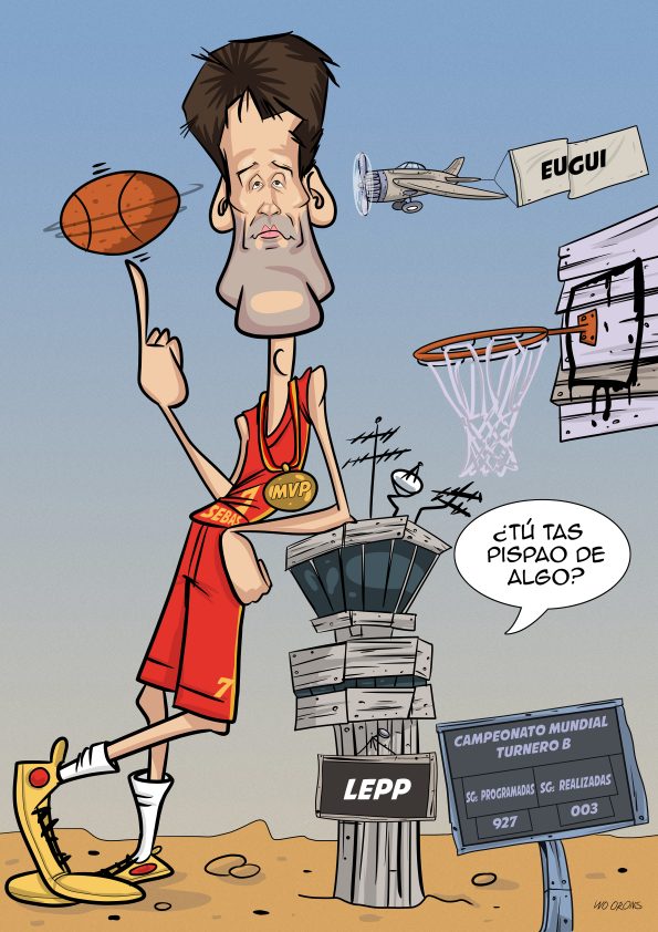 Ejemplo de una caricatura personalizada de un jugador de baloncesto, al que además le gusta la aviación