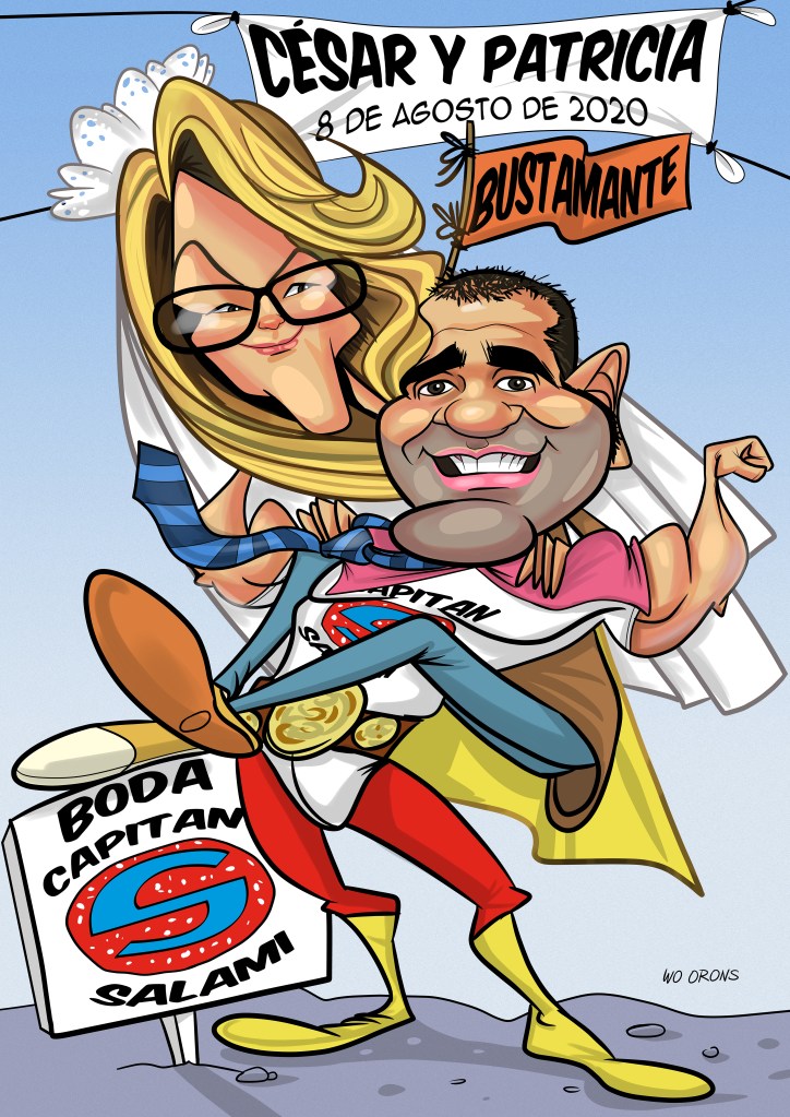 Ejemplo de una caricatura personalizada para una boda. El vestido como capitán Salami y ella es muy fan de Bustamante