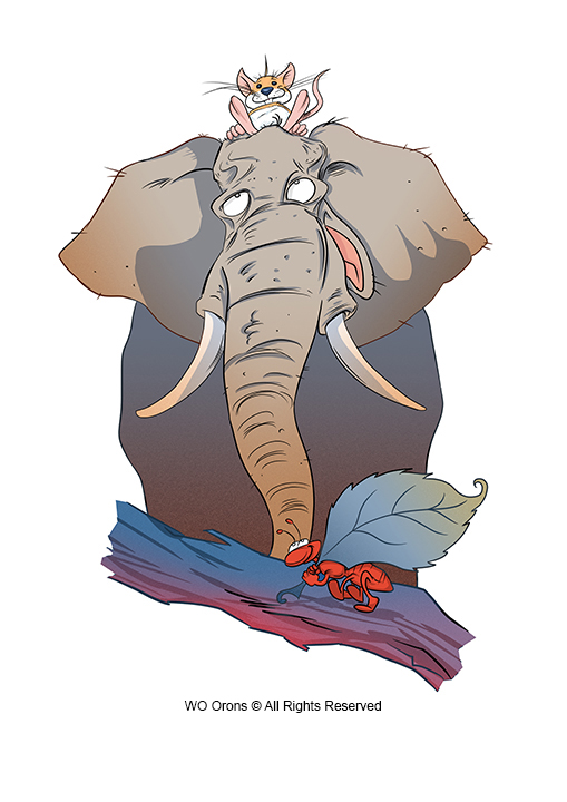 Ilustración con un elefante, un ratón y una hormiga.