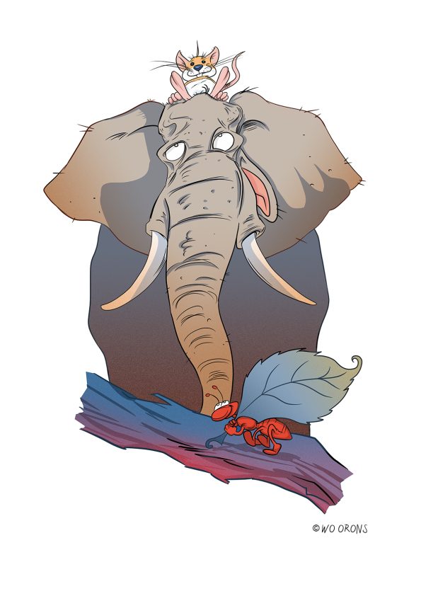 Ilustracion infantil con u elefante, un ratón y una hormiga