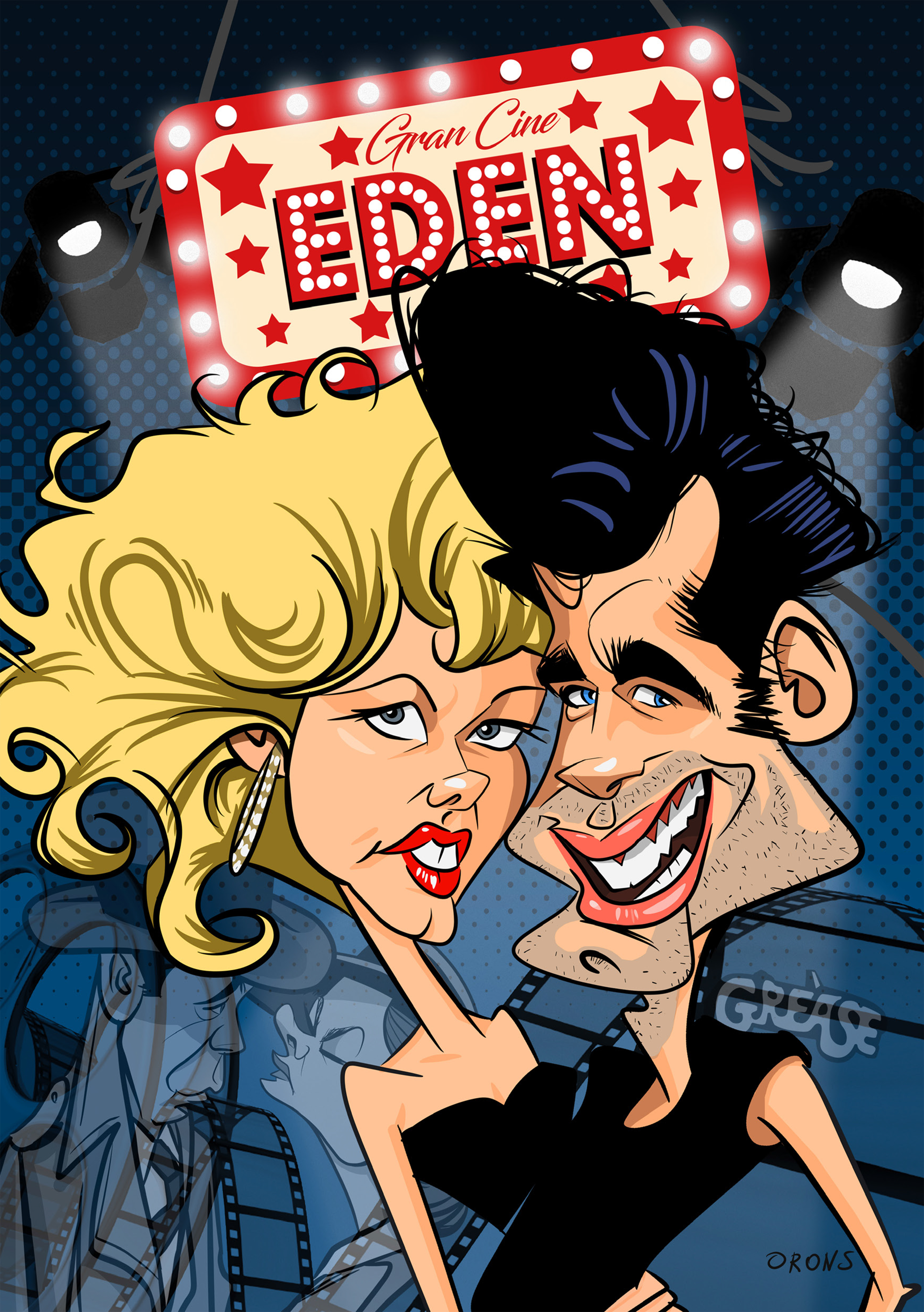 Dibujo de la portada de una publicación basada en la película Grease.