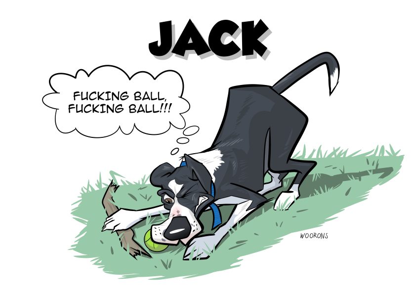 Caricatura personalizada de un perro jugando con un palo.