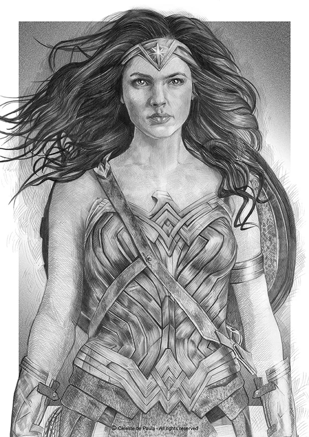 Retrato a lápiz de Wonder Woman, hecho por Celeste de Paula