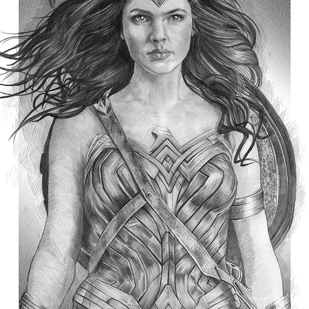 Retrato a lápiz de Wonder Woman, hecho por Celeste de Paula