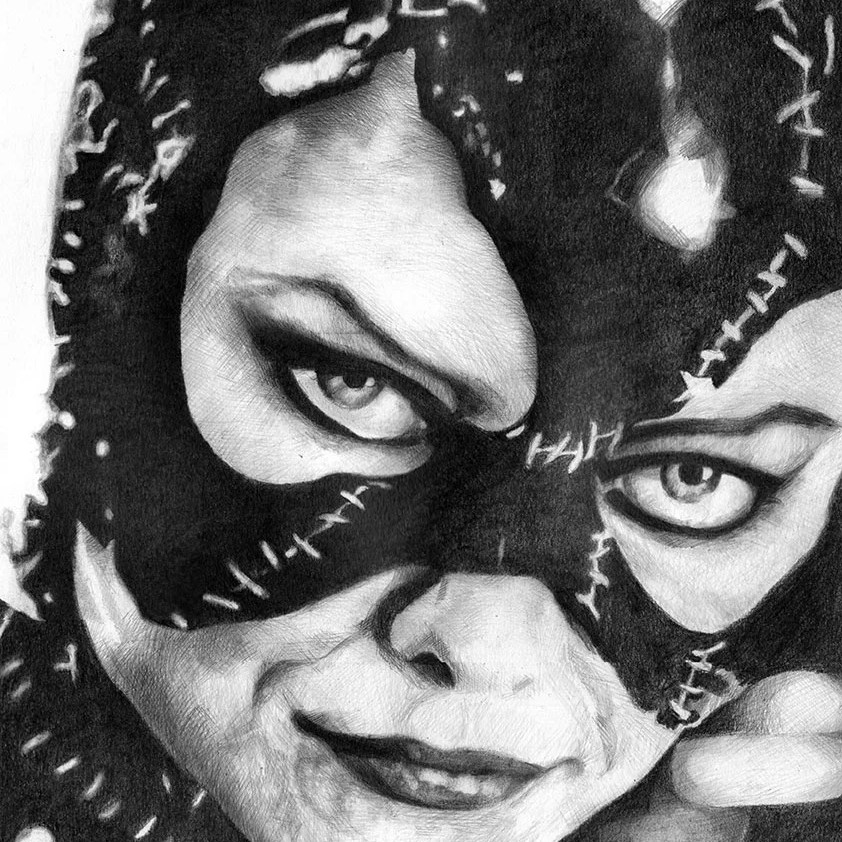 Retrato a lápiz de Catwoman por Celeste de Paula