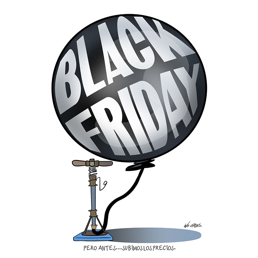 Humor gráfico. Dibujo de un inflador y un globo donde se lee Black Friday.