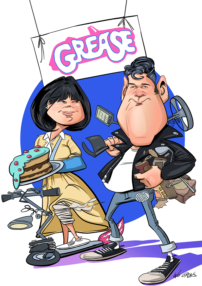 Caricatura personalizada para una pareja como en la película Grease.