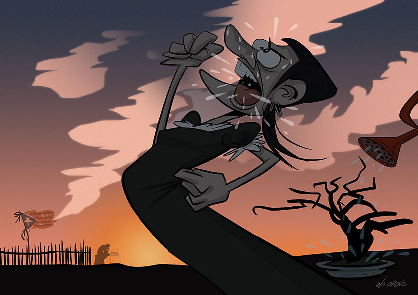 Caricatura de Anna Gabriel interpretando una escena de Lo que el viento se llevó