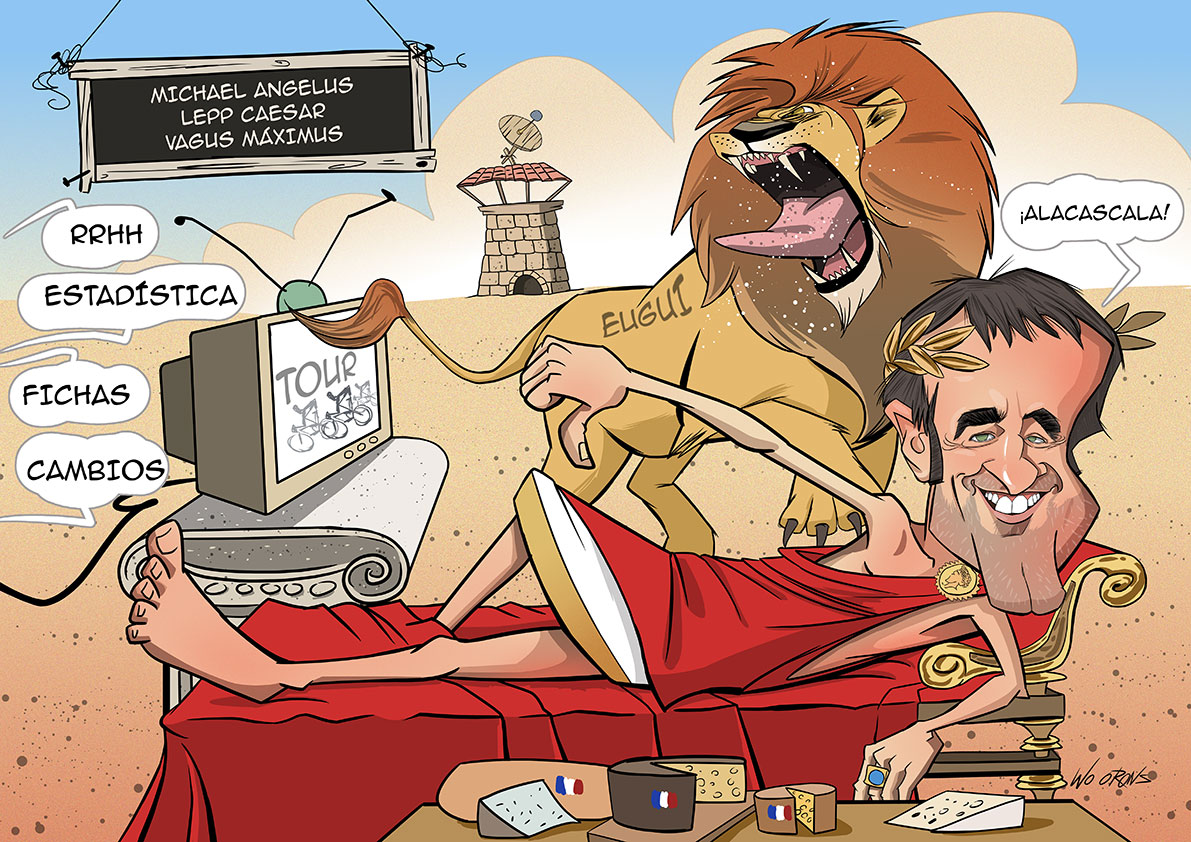 Caricatura personalizada de un hombre vestido como un emperador romano junto a un león