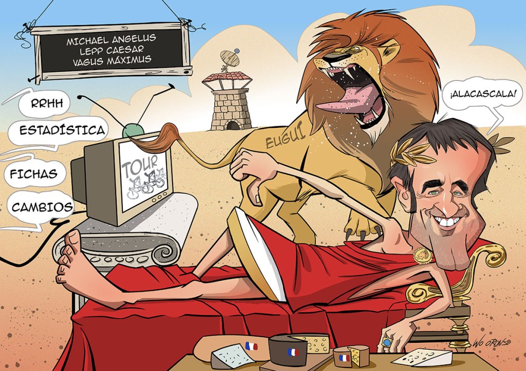 Caricatura personalizada de un hombre vestido como un emperador romano junto a un león