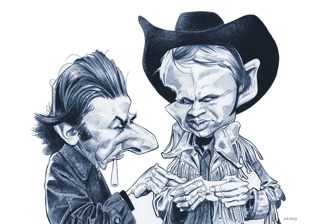 Caricatura de John Voigth y Dustin Hoffman en la película Cawboy de Medianoche