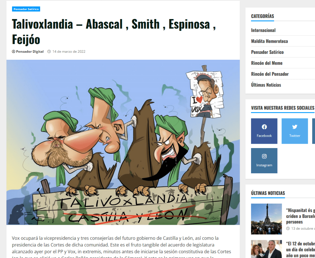 caricatura de Espinosa de los Monteros, santiago Abascal, ortega Smith y Feijoo.