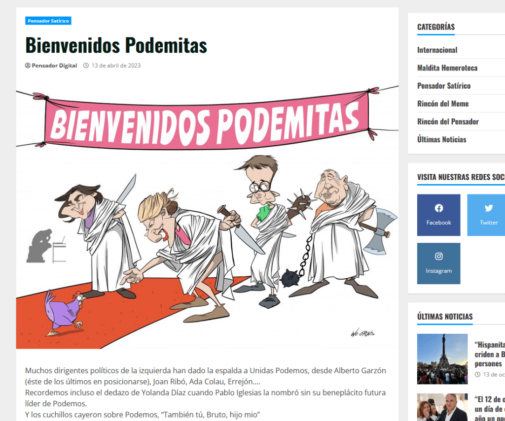 Caricatura de políticos de Sumar, llamando a una gallina de Podemos.