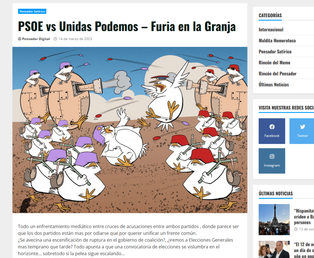 Caricatura de dos ejércitos de gallinas enfrentándose.