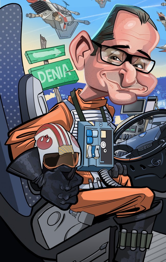 Caricatura personalizada, con vestimenta de un luchador X - Wing de Star Wars.