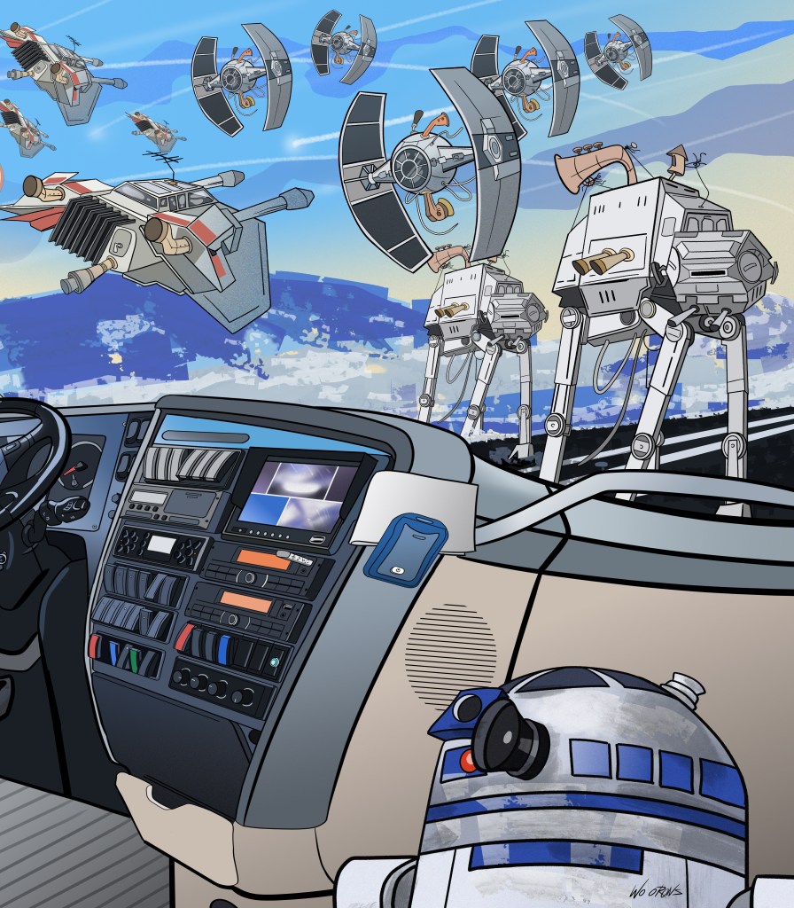 Dibujo de una batalla de Star Wars y R2D2.