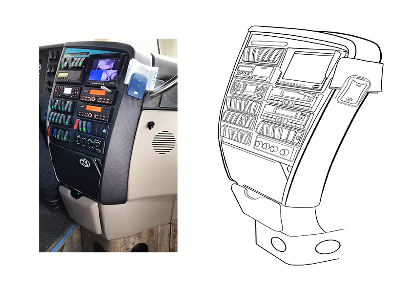 Dibujo de un tablero de mandos de un autobús.