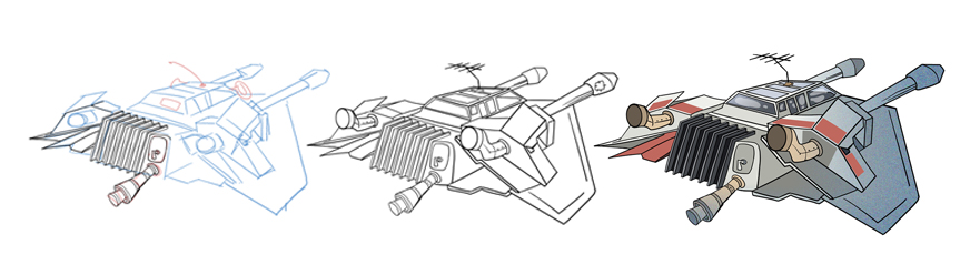 Proceso de dibujo de un Snowspeeder, nave de Star Wars.