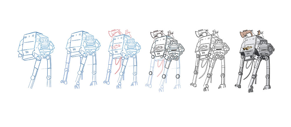 Proceso de dibujo de un AT-AT, nave de Star Wars.