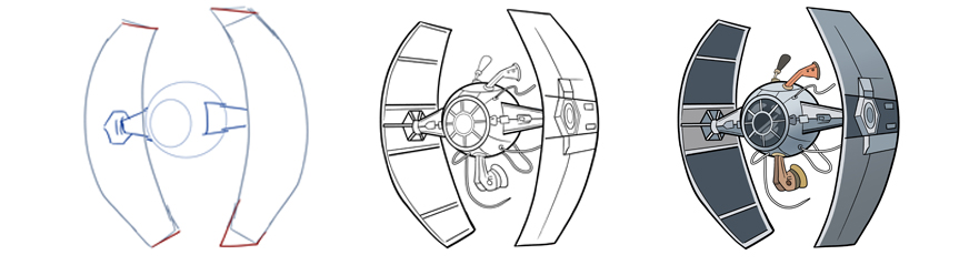 Proceso de dibujo de una nave TIE de Star Wars.