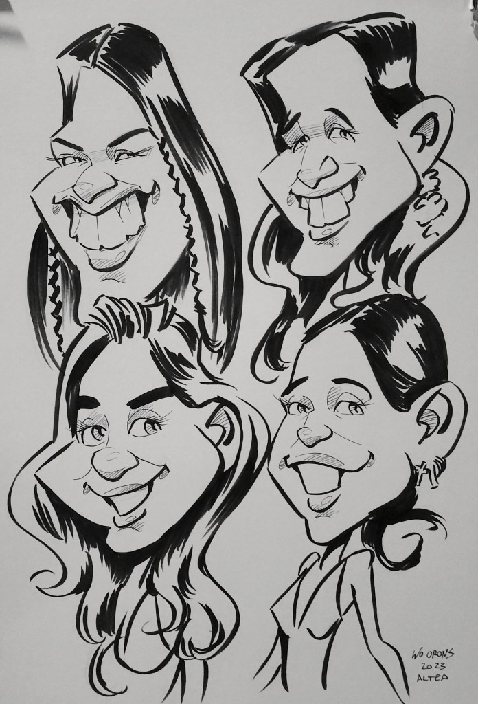 Dibujo de una caricatura de cuatro personas, hecha en vivo, con los modelos.