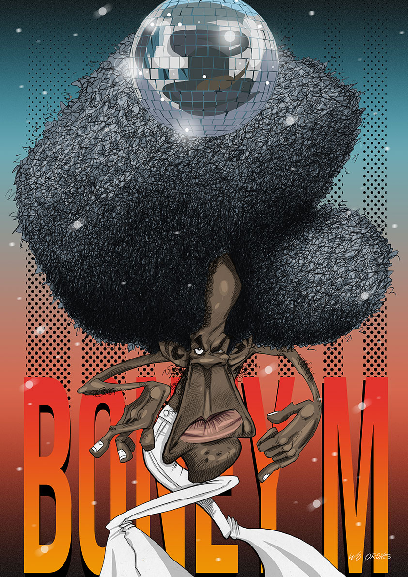 Caricatura de Bobby Farrell cantante del grupo musical Boney M