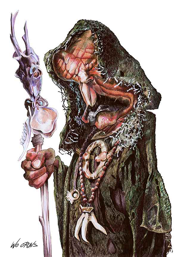 Caricaturas de famosos. Caricatura de el personaje "El Oráculo" en la serie "Vikingos"