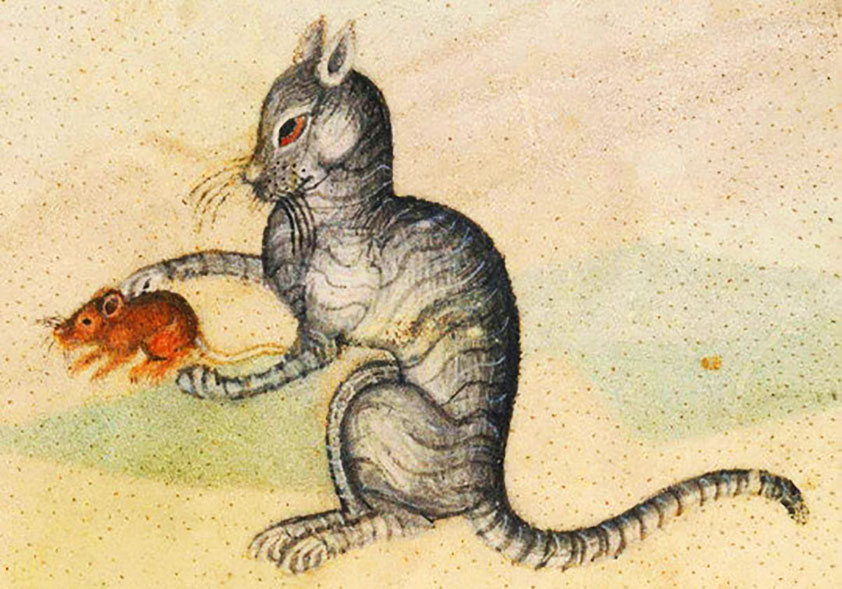 Pintura medieval de un gato cazando a un ratón