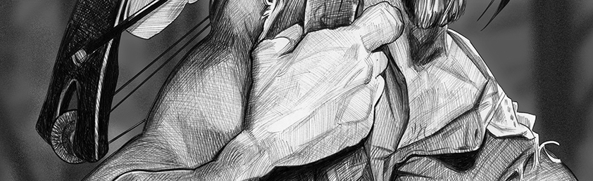 Caricaturas de famosos: Detalle de la caricatura de norman reedus como Daril Dixon en la serie:The Walking Dead