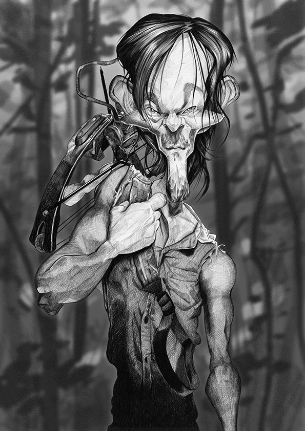 Caricatura de Norman Reedus como Daril Dixon en la serie:The Walking Dead, por WO Orons