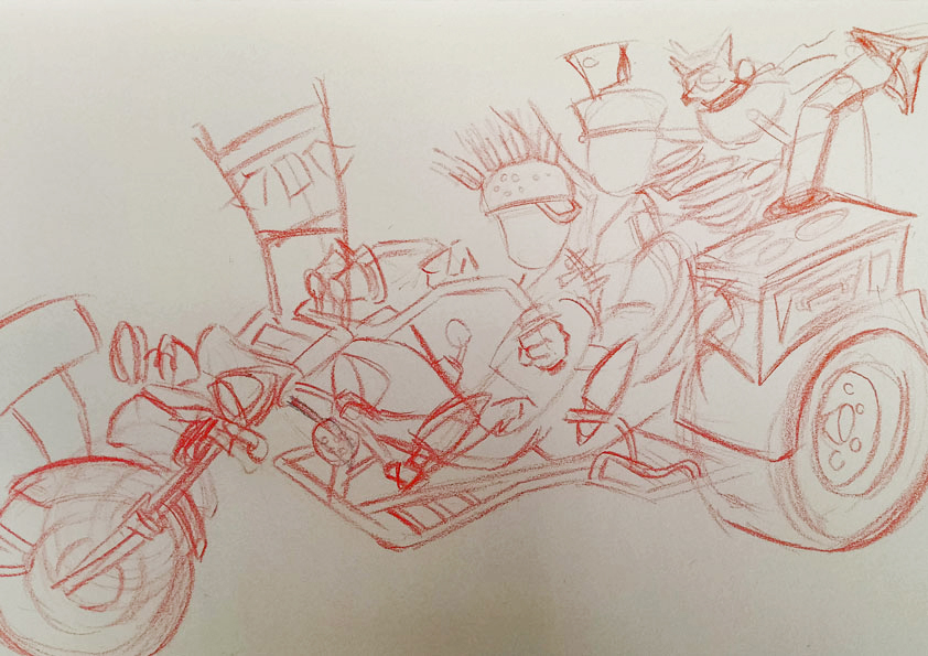 Boceto de una moto de tres ruedas