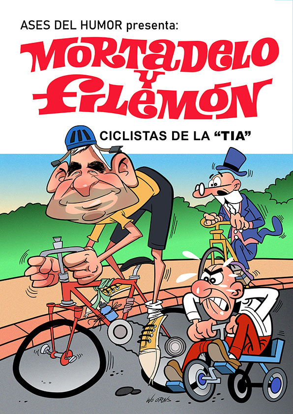 Caricatura personalizada hecha por encargo de un cliente junto a Mortadelo Y Filemón, en la portada de una de sus revistas.