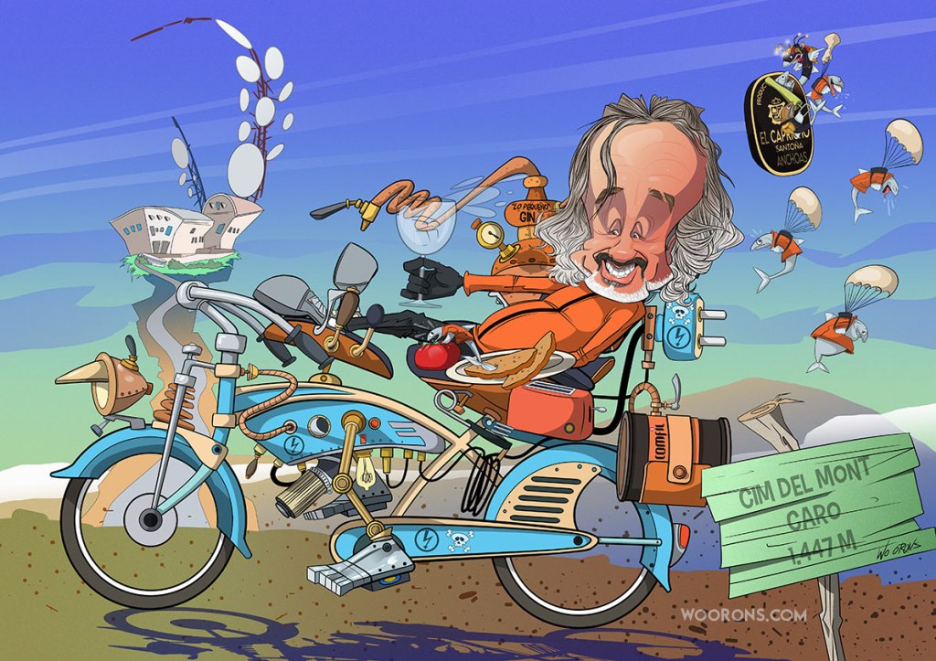 Caricatura de un hombre en una bicicleta eléctrica.