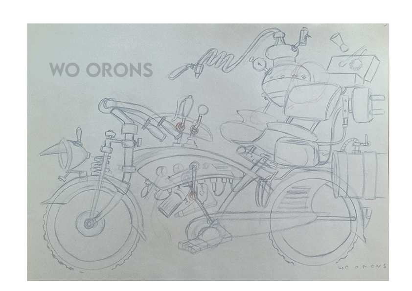 Proceso del dibujo de una bicicleta eléctrica para una caricatura personalizada.