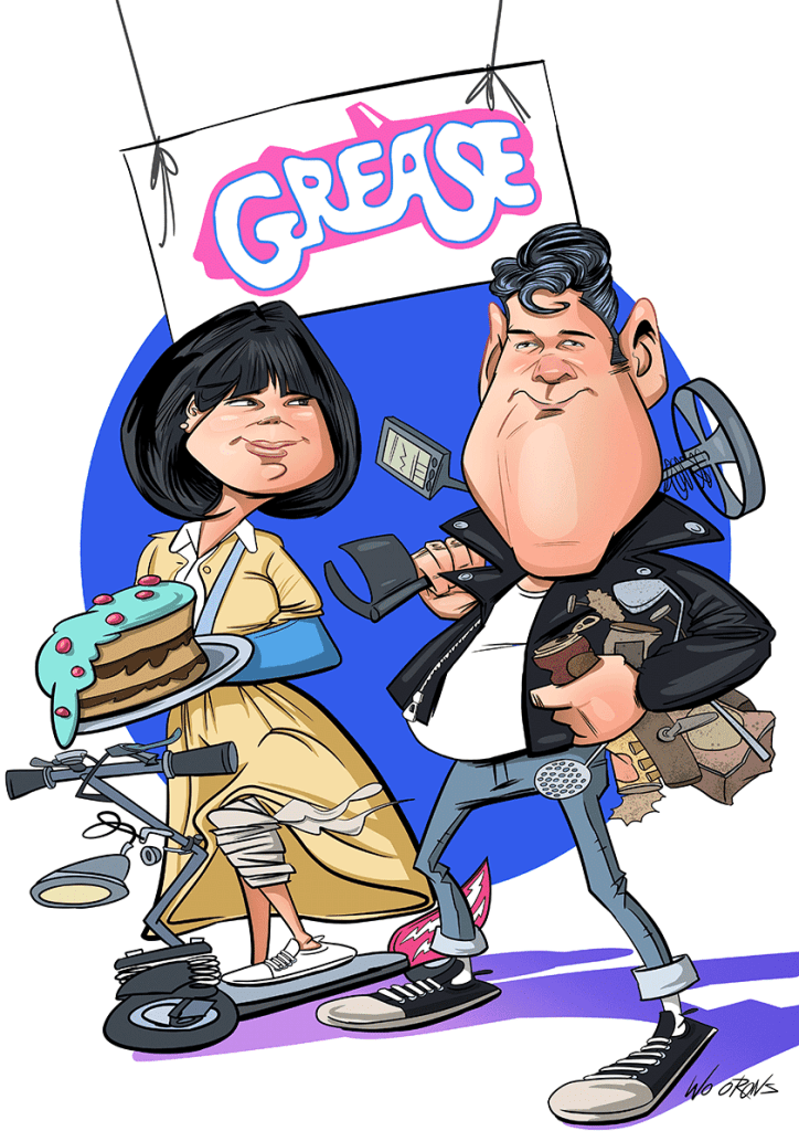 "Caricatura personalizada de una pareja basada en la película Grease"