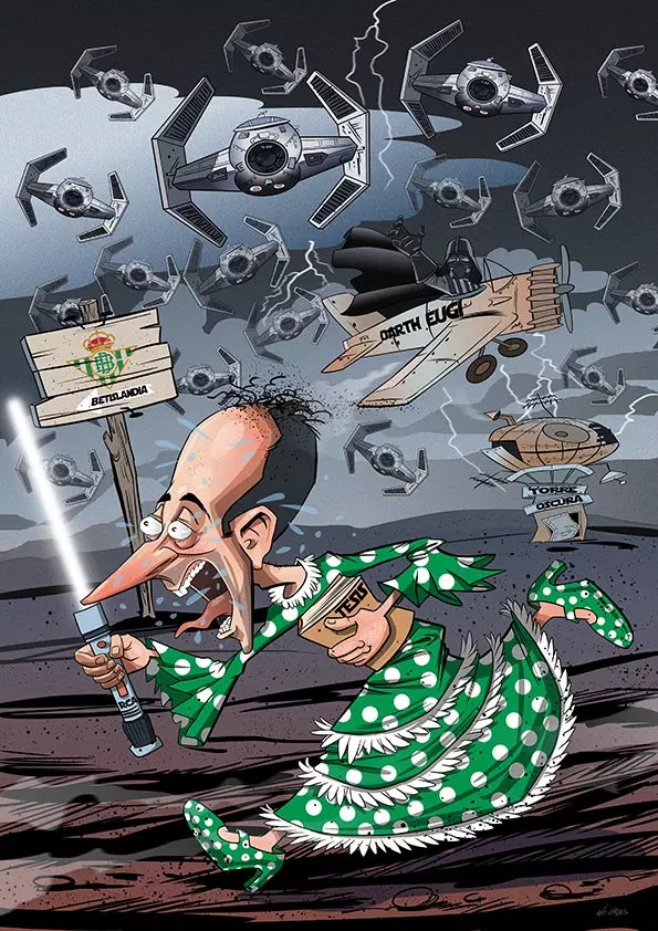 "Caricatura de un hombre con naves de Star Wars"