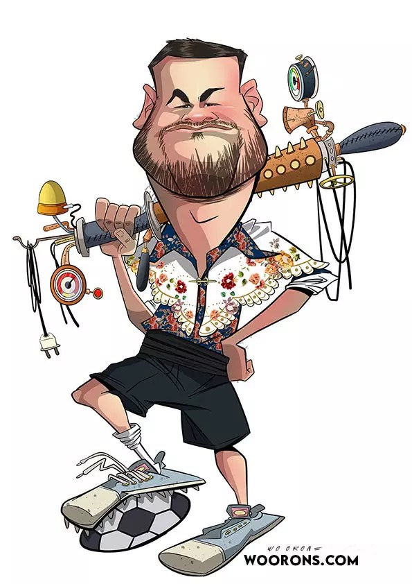 "Caricatura personalizada de un hombre con un balón de fútbol"