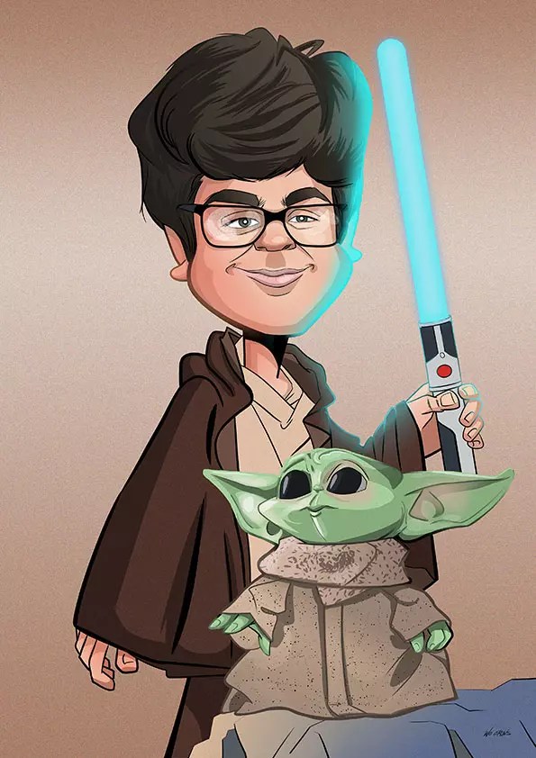 "Caricatura Personalizada de un fan de Star Wars con Baby Joda"