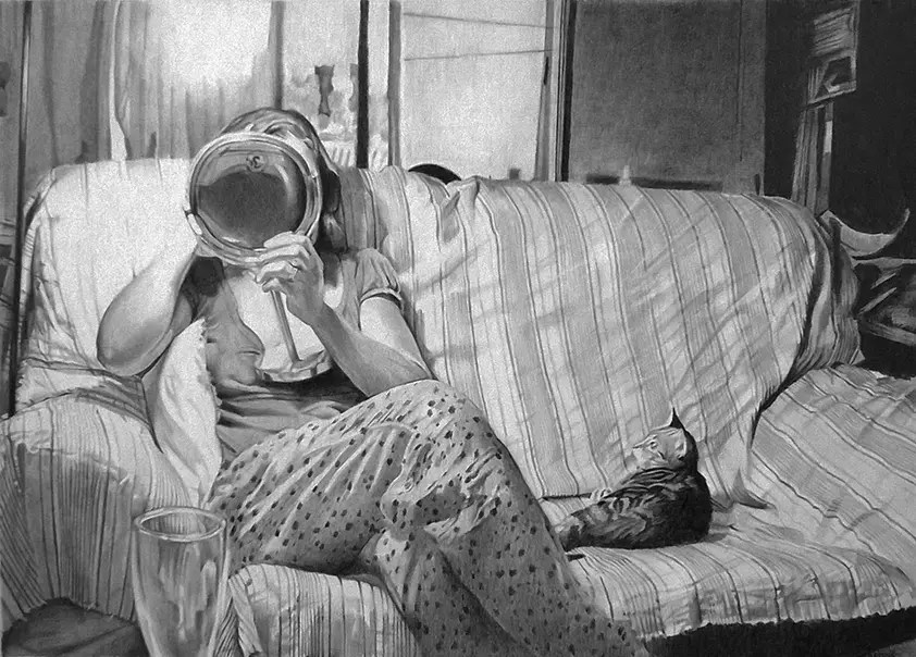 "Dibujo hiperrealista de una mujer con un gato"