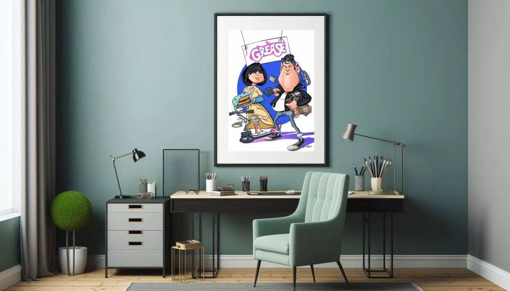 "Oficina con una caricatura en la pared"