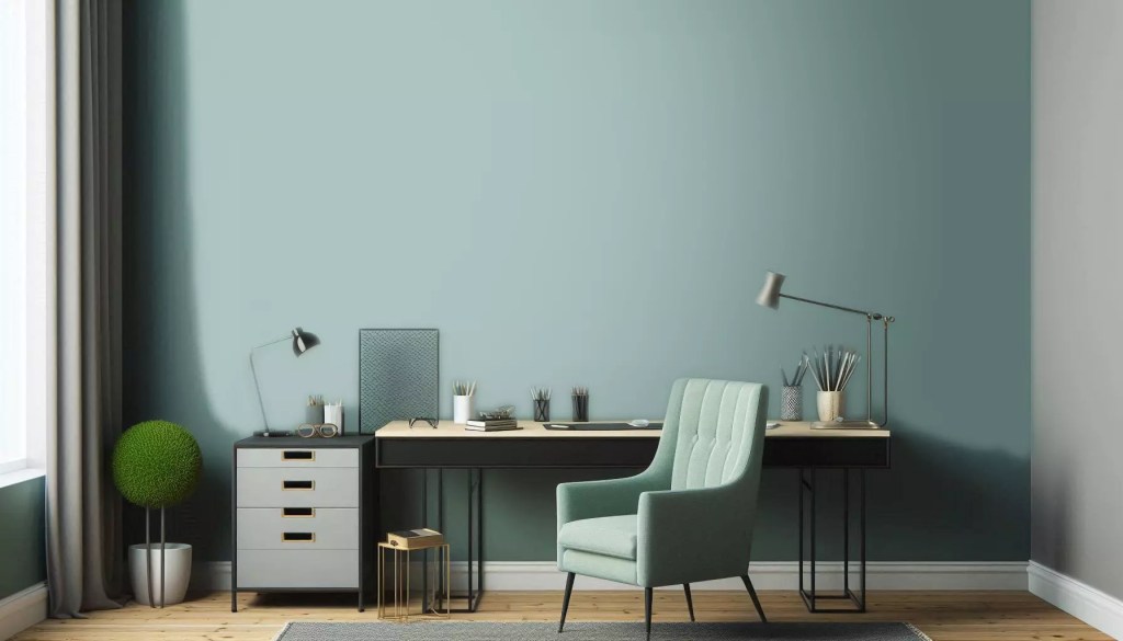 "Oficina con una pared sin cuadros"