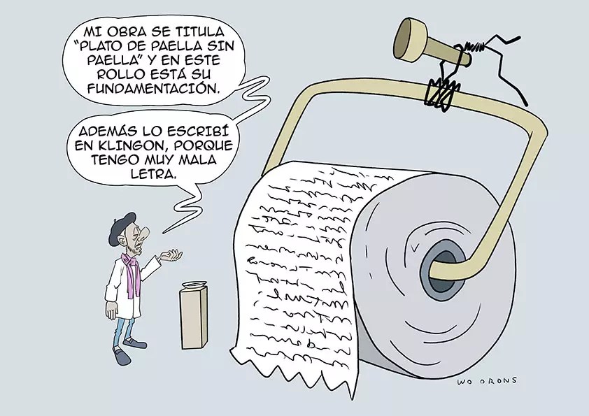 "Pintor frente a un rollo de papel higiénico donde explica su obra de Arte Conceptual"