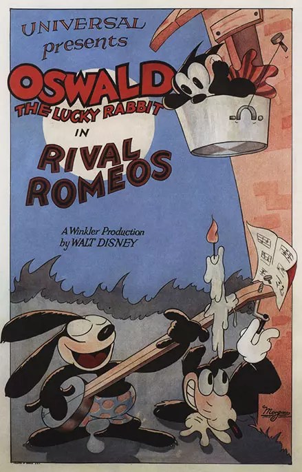 Póster original de 1928 de Rival Romeos, un cortometraje de animación de Walt Disney que preludió la era del sonido en dibujos animados